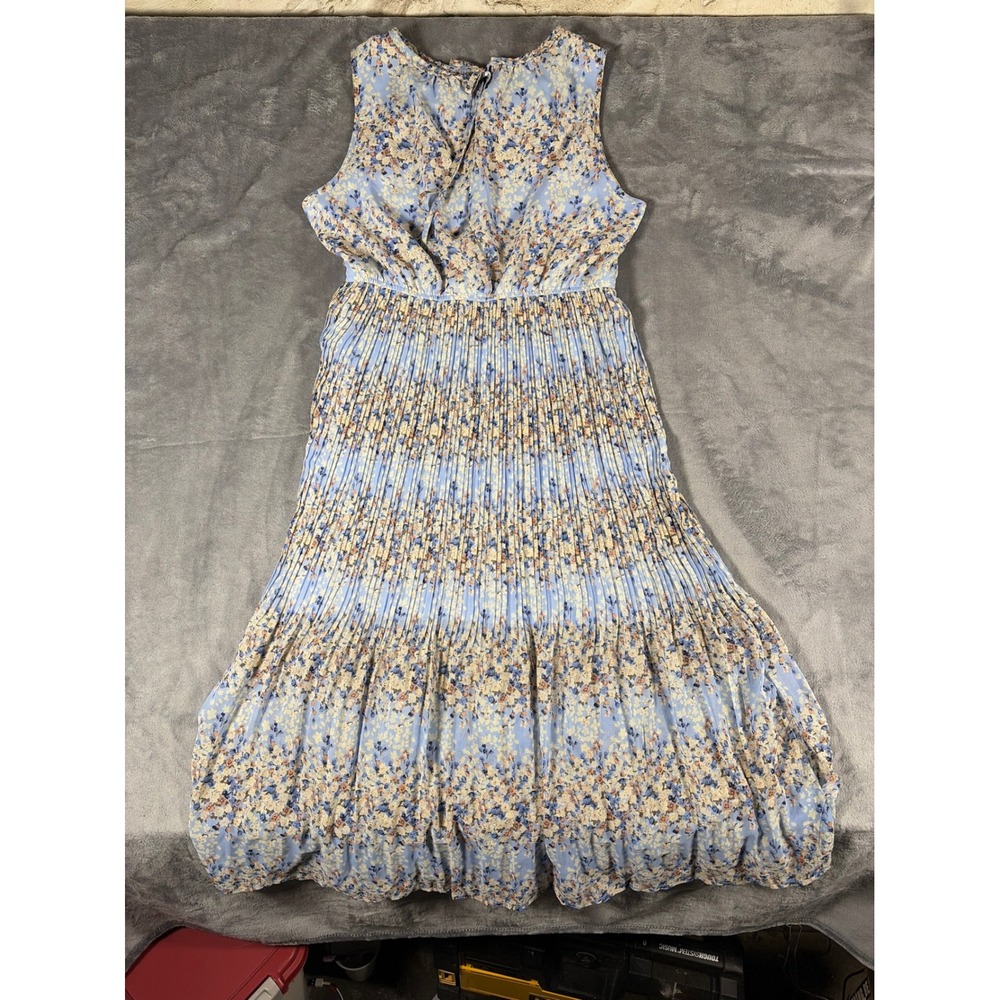 Maison Jules Blue Floral Pleated Maxi Dress Sleeveless XL Tie Back Boho Summer